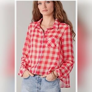 Free People Red and White Check Plaid Long Sleeve Sheer Blouse Size Large